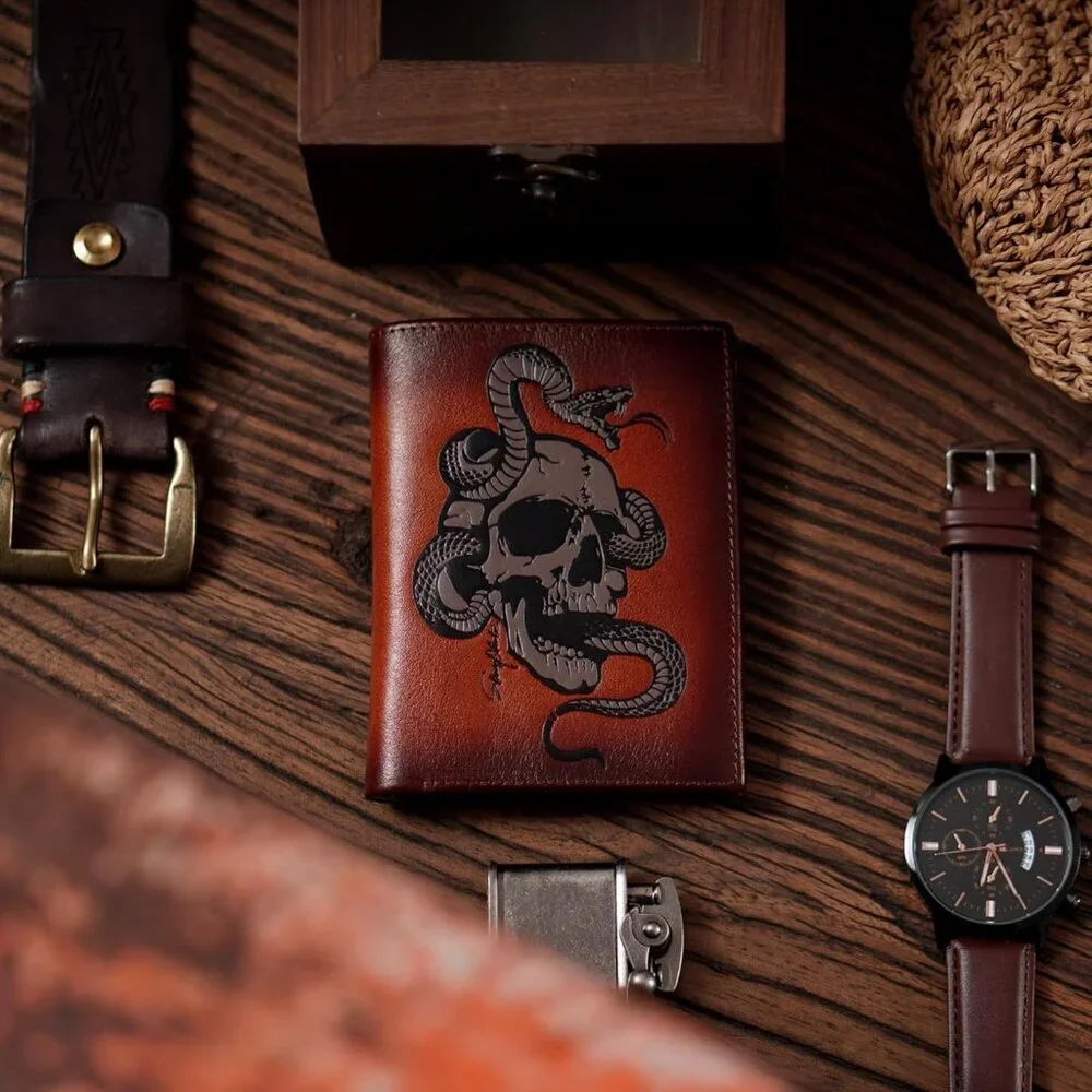 Men's Brown Bi Fold,skull Vertical,rfid Blocking Retro Skull Wallet Leather